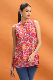 Rani Pink Jaipuri Cotton Floral Printed Short Kurta