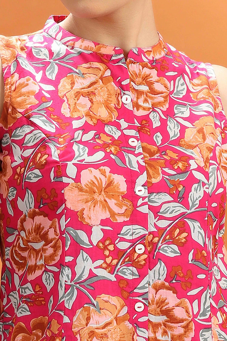 Rani Pink Jaipuri Cotton Floral Printed Short Kurta