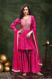 Rani Pink Roman Silk Gathered Kurta Sharara Suit Set