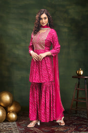Rani Pink Roman Silk Gathered Kurta Sharara Suit Set