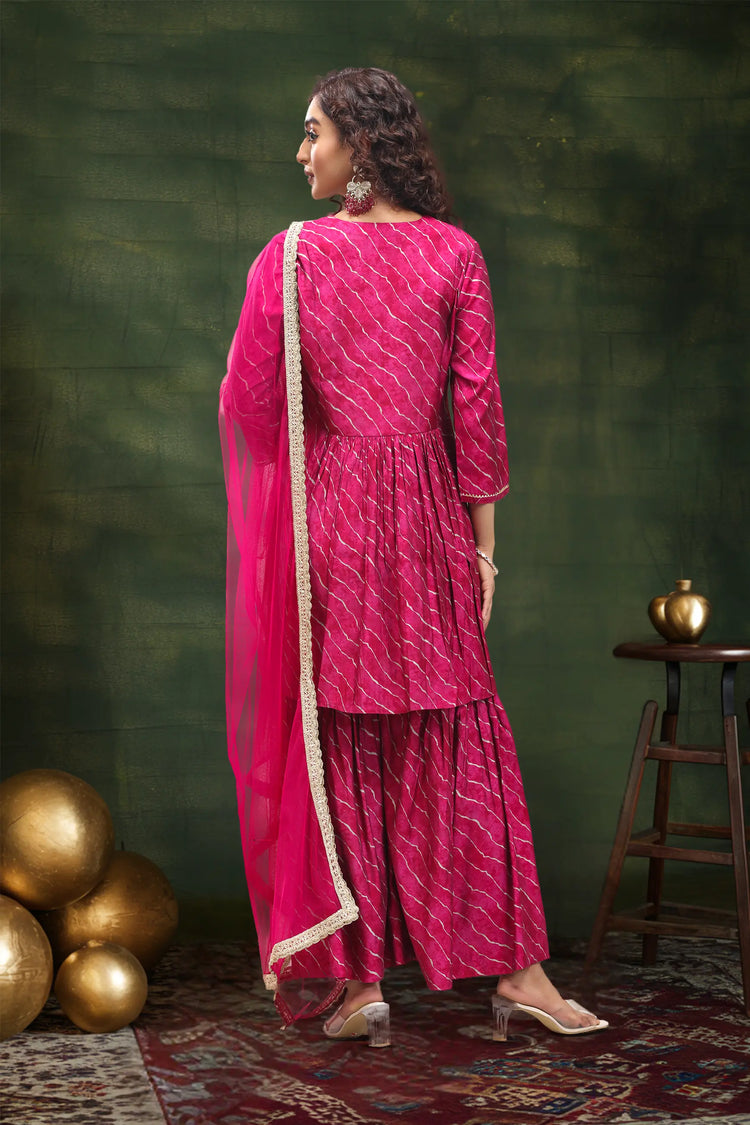 Rani Pink Roman Silk Gathered Kurta Sharara Suit Set