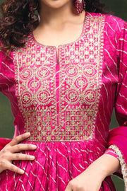 Rani Pink Roman Silk Gathered Kurta Sharara Suit Set