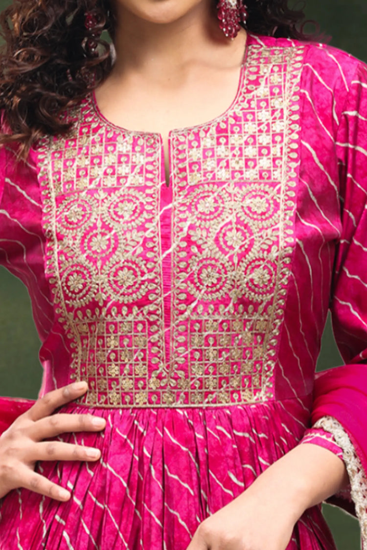 Rani Pink Roman Silk Gathered Kurta Sharara Suit Set