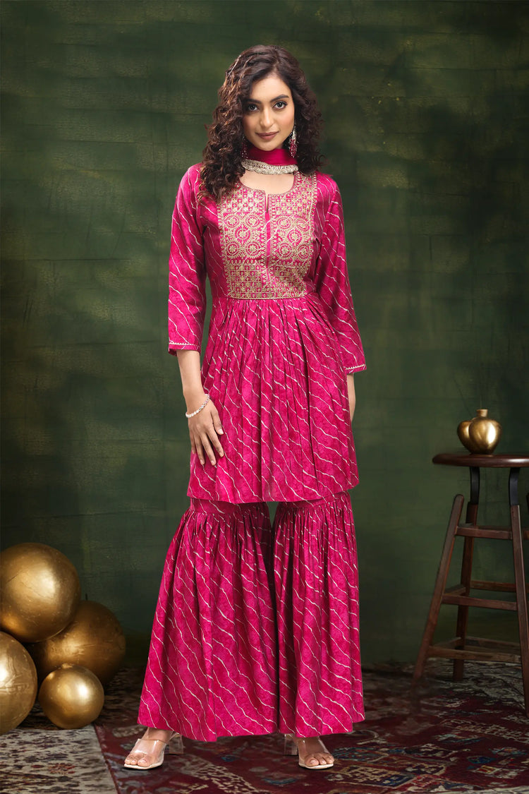 Rani Pink Roman Silk Gathered Kurta Sharara Suit Set
