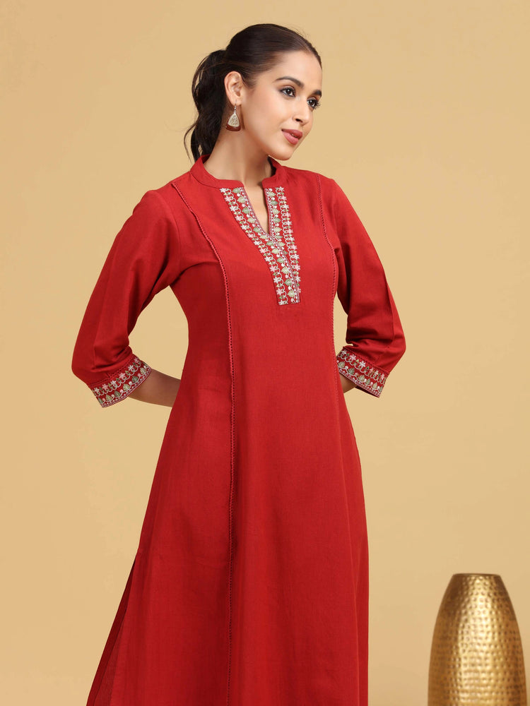 Red Embroidered A-Line Cotton Co-ord Set