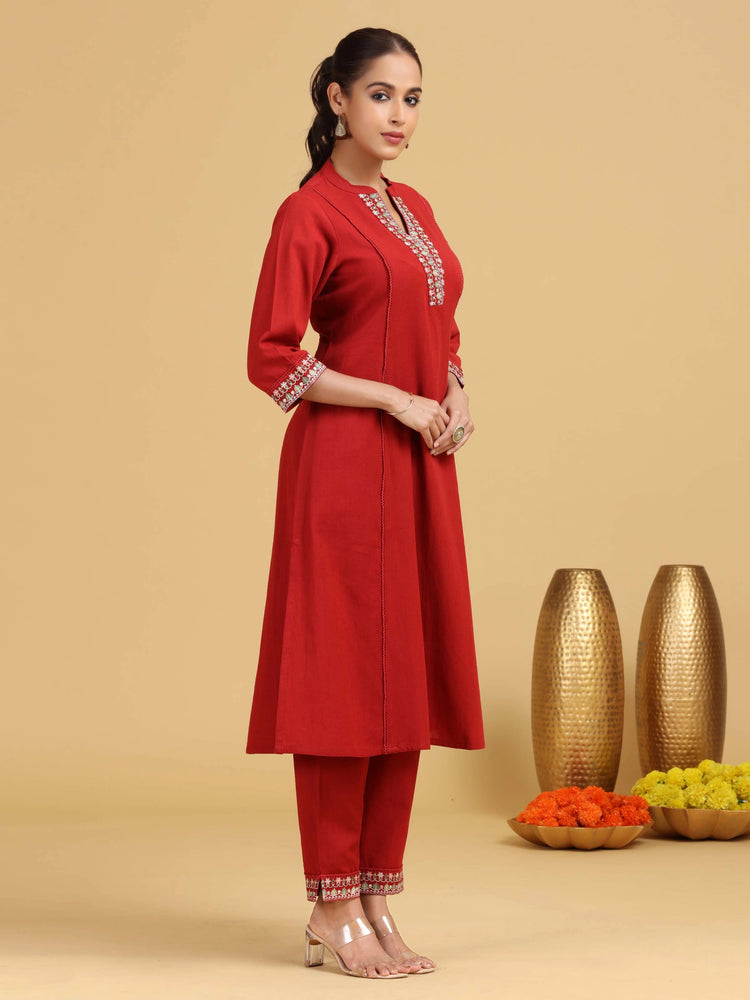 Red Embroidered A-Line Cotton Co-ord Set