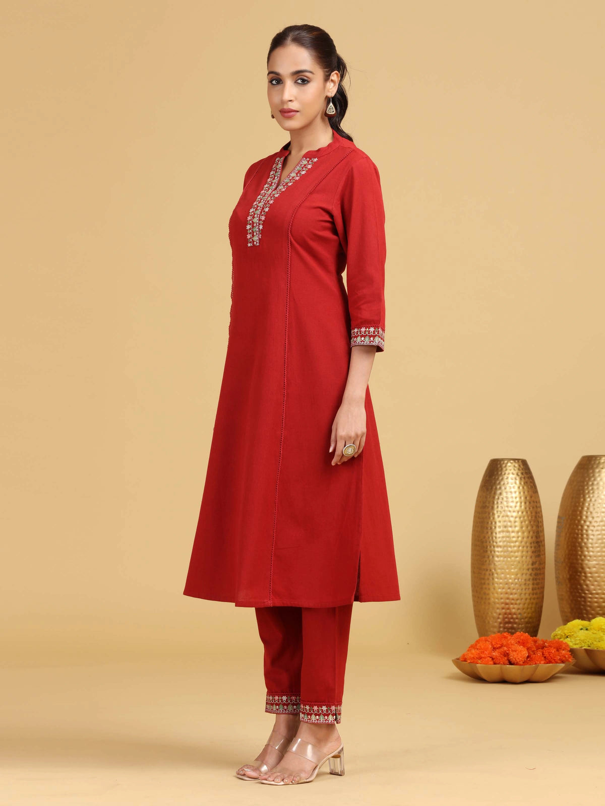 Red Embroidered A-Line Cotton Co-ord Set