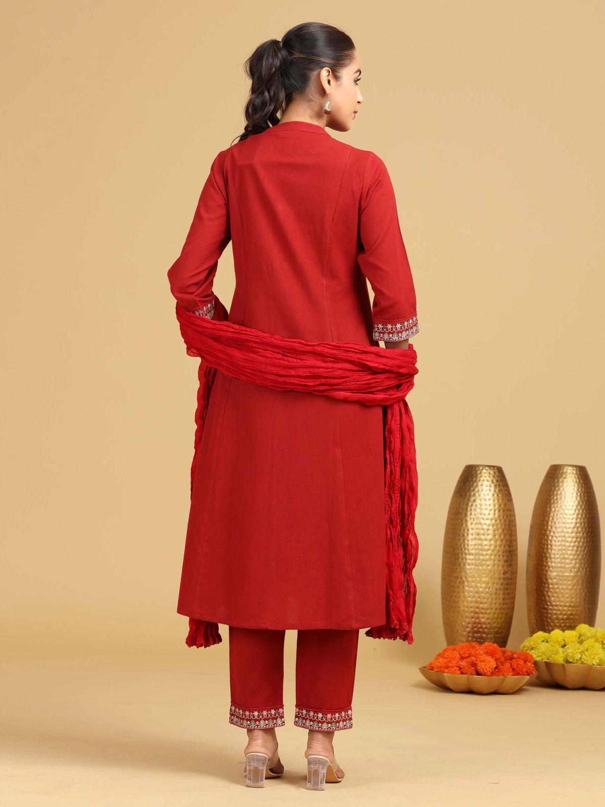 Red Embroidered A-Line Cotton Co-ord Set
