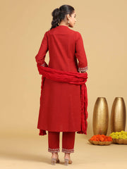 Red Embroidered A-Line Cotton Co-ord Set