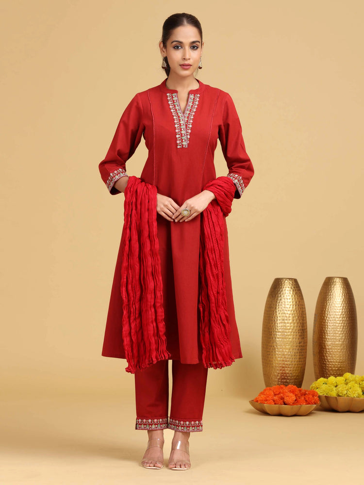 Red Embroidered A-Line Cotton Co-ord Set