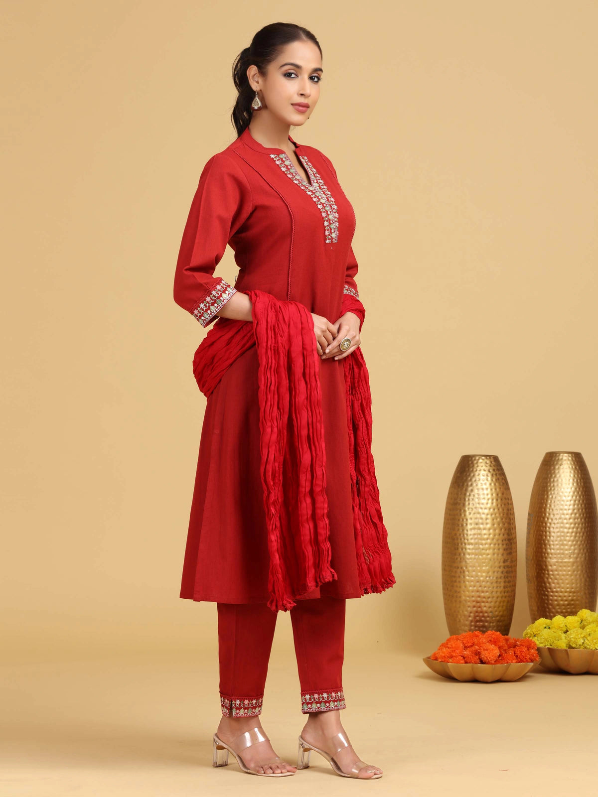 Red Embroidered A-Line Cotton Co-ord Set