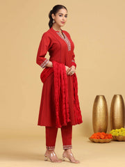 Red Embroidered A-Line Cotton Co-ord Set