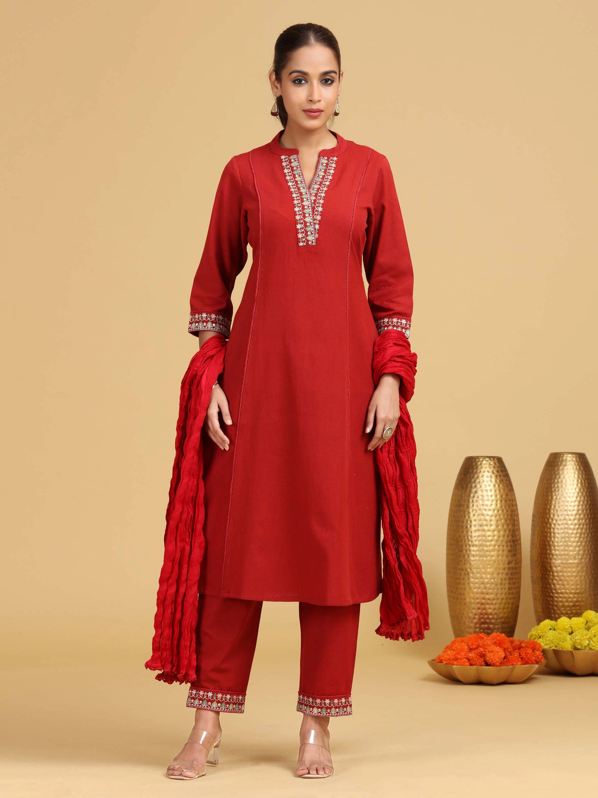 Red Embroidered A-Line Cotton Co-ord Set