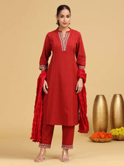 Red Embroidered A-Line Cotton Co-ord Set