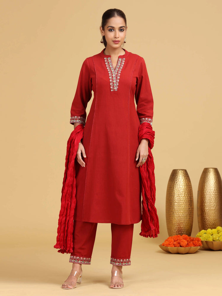 Red Embroidered A-Line Cotton Co-ord Set
