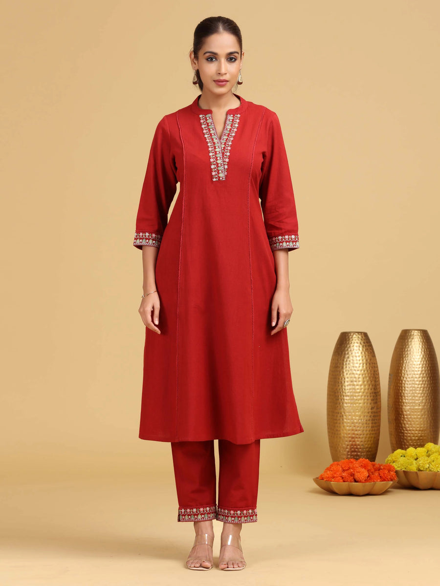 Red Embroidered A-Line Cotton Co-ord Set