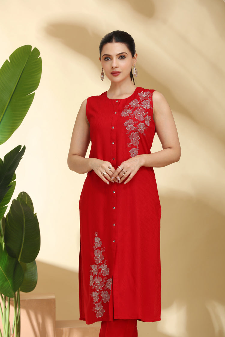 Red Embroidered Straight Co ord Set