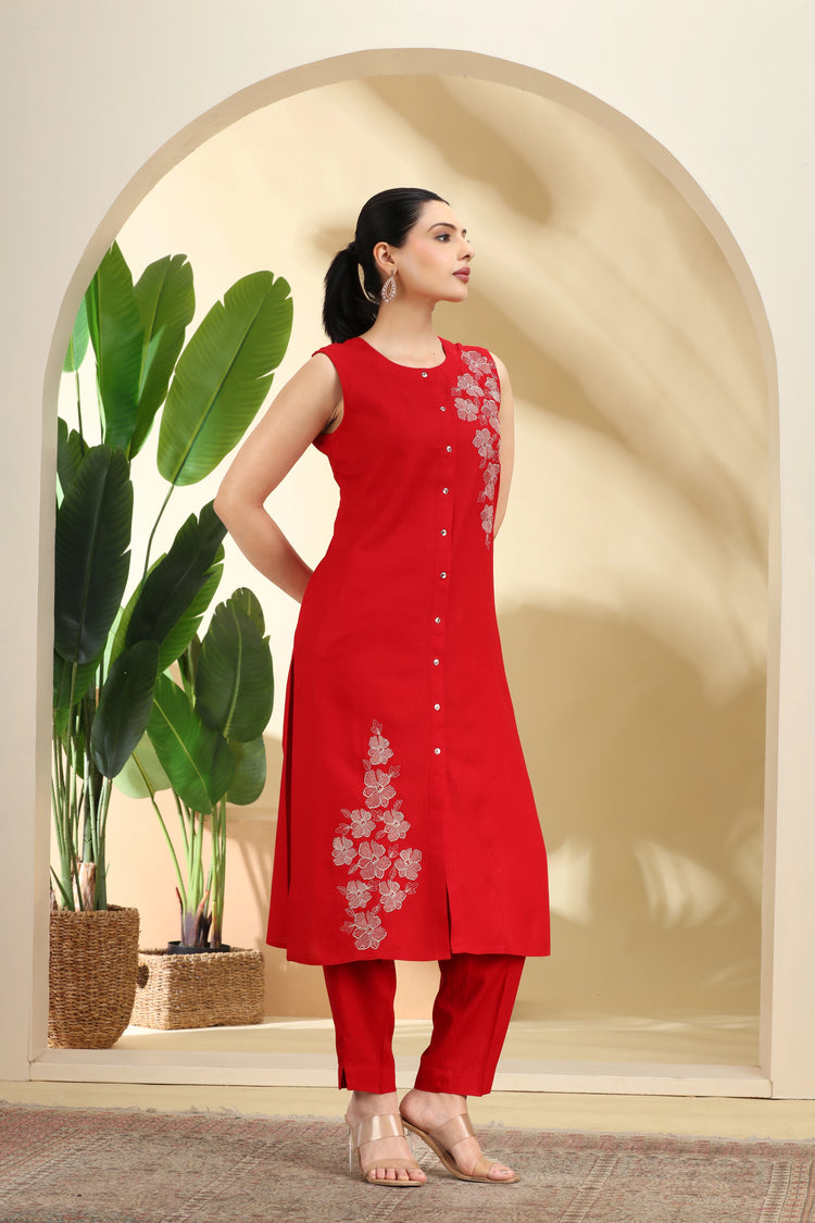 Red Embroidered Straight Co ord Set