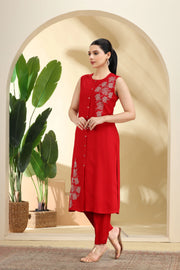 Red Embroidered Straight Co ord Set