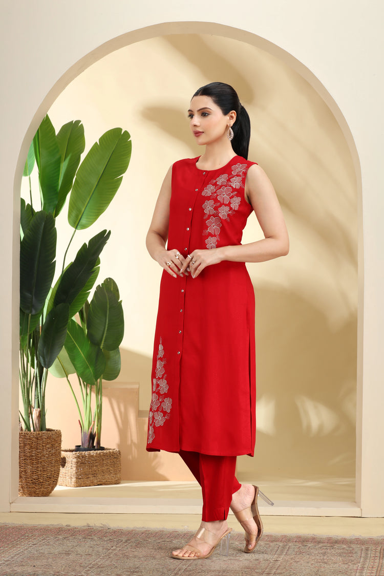 Red Embroidered Straight Co ord Set