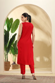 Red Embroidered Straight Co ord Set