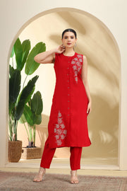 Red Embroidered Straight Co ord Set