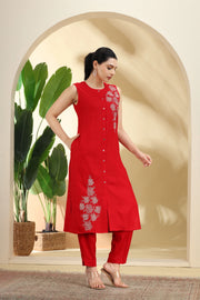 Red Embroidered Straight Co ord Set
