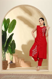 Red Embroidered Straight Co ord Set
