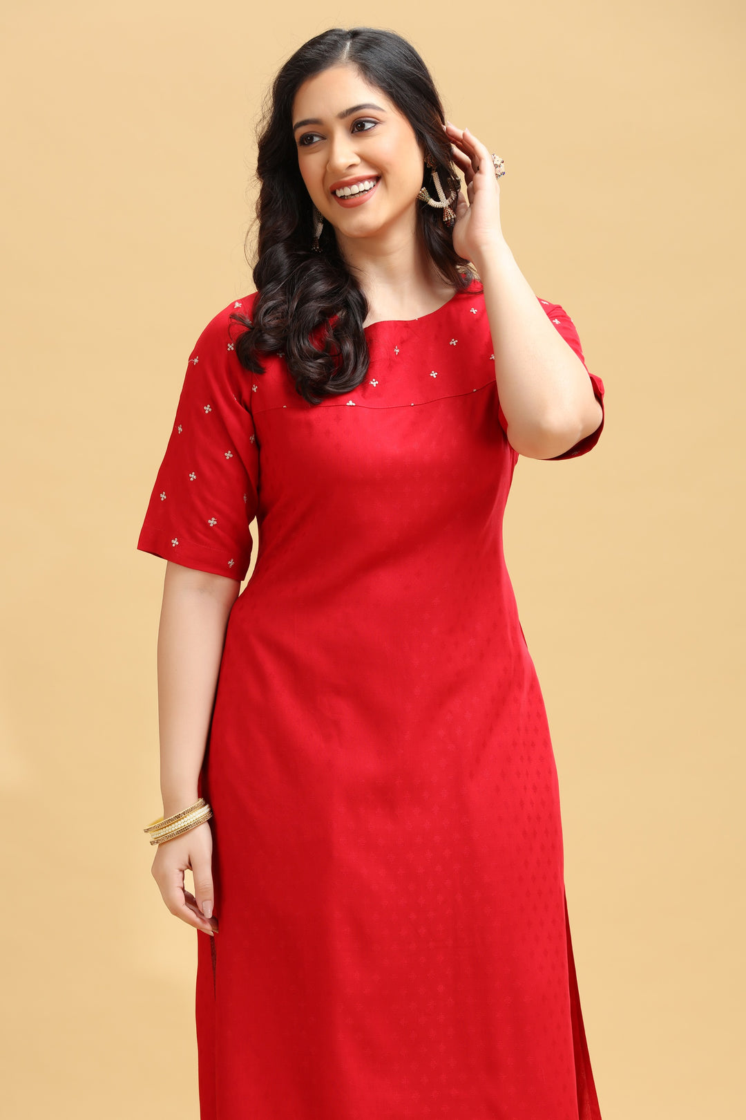 Red Embroidered Straight Kurta
