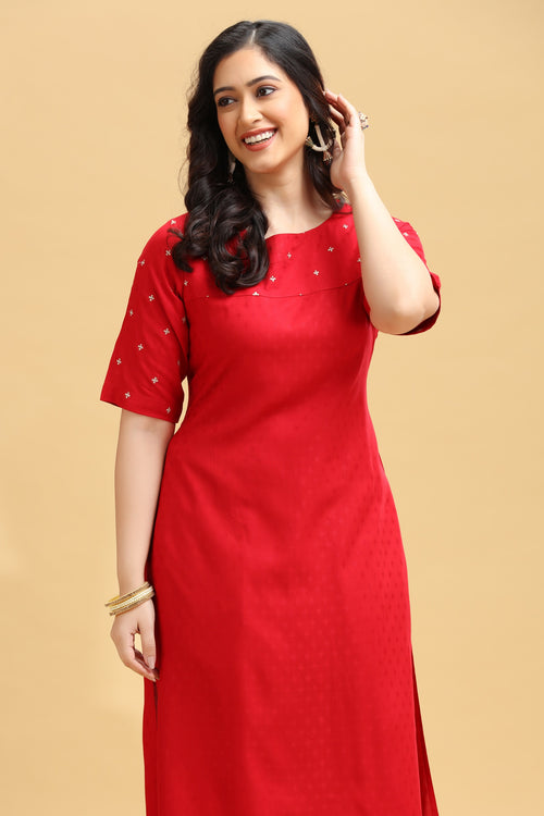 Red Embroidered Straight Kurta