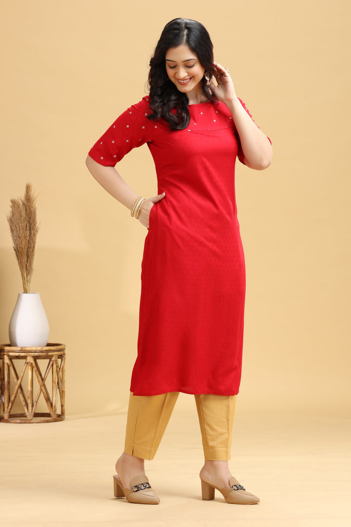 Red Embroidered Straight Kurta