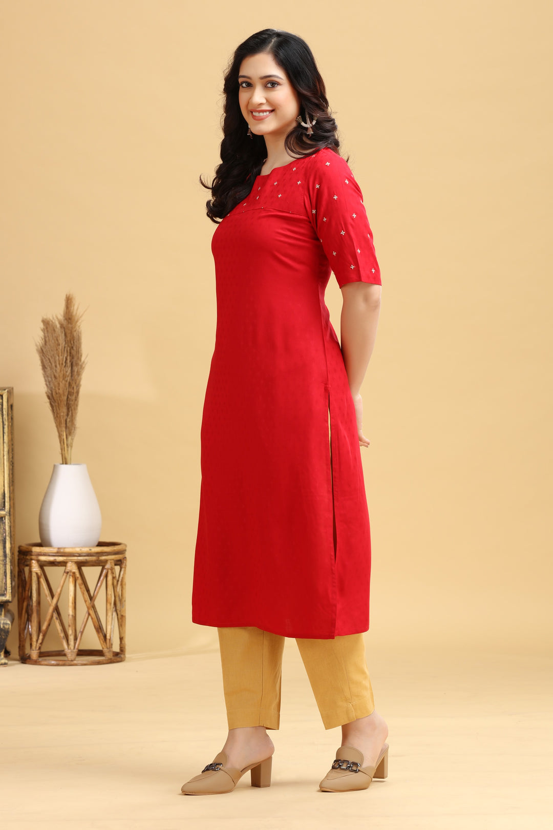 Red Embroidered Straight Kurta