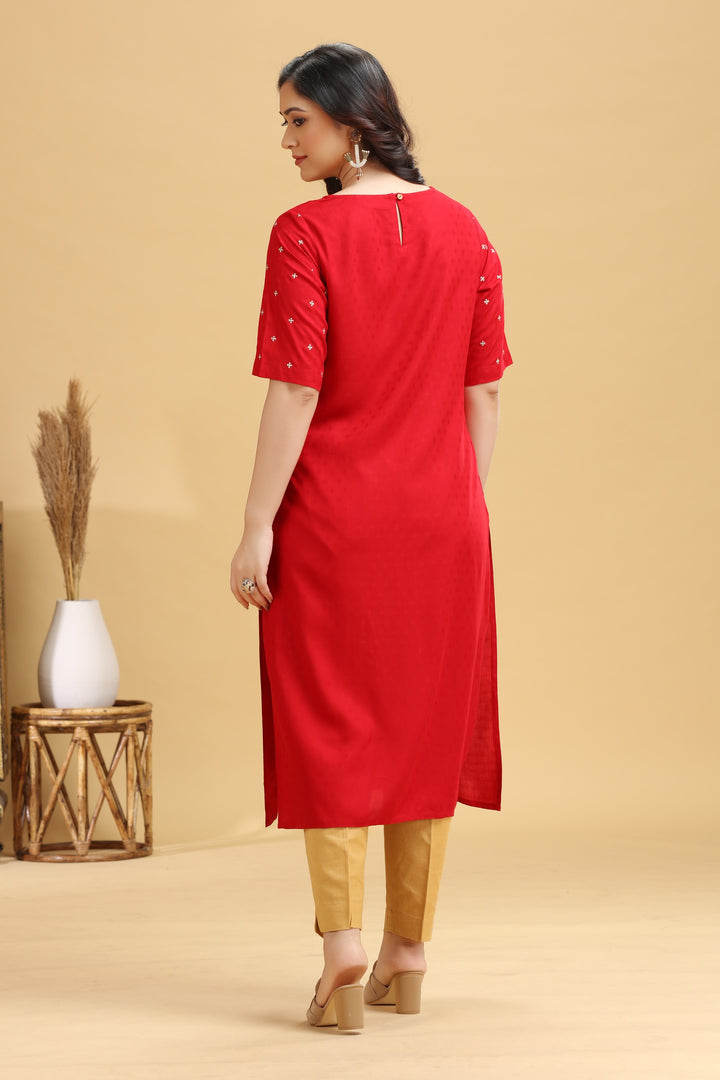 Red Embroidered Straight Kurta