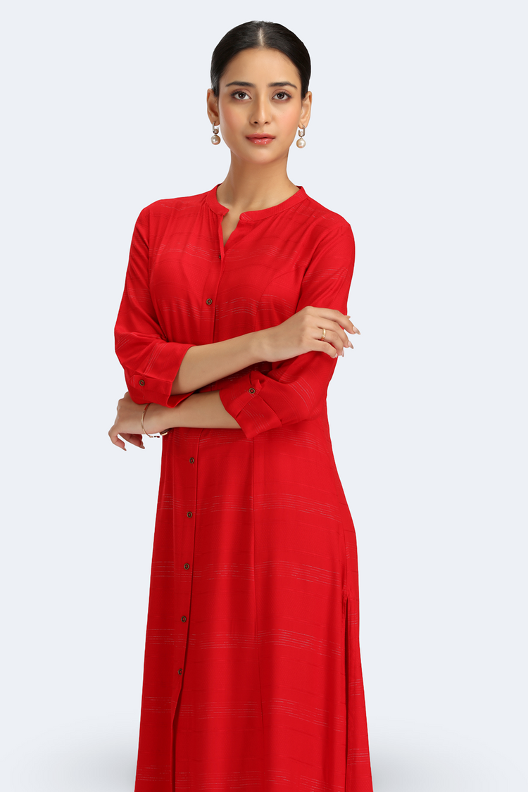 Red Jari Stripe Solid A Line Kurta