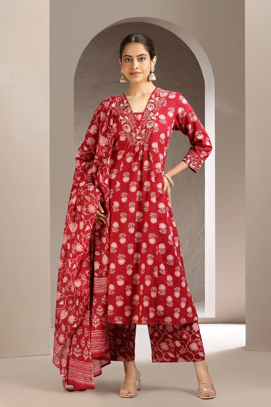 Red Cotton A Line Embroidered Kurta Pant and Dupatta Set for women and girls