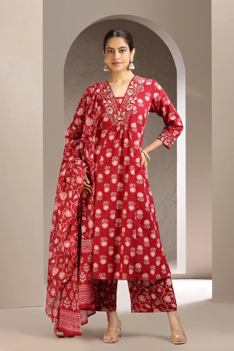 Red Cotton A Line Embroidered Kurta Pant and Dupatta Set for women and girls
