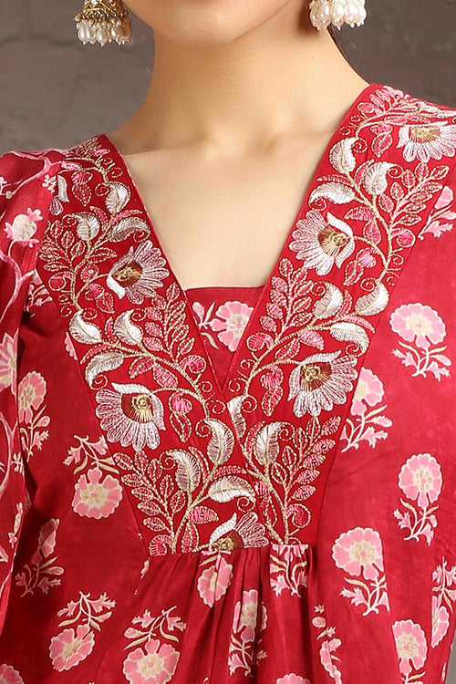 Red Cotton A Line Embroidered Kurta Pant and Dupatta Set for women and girls