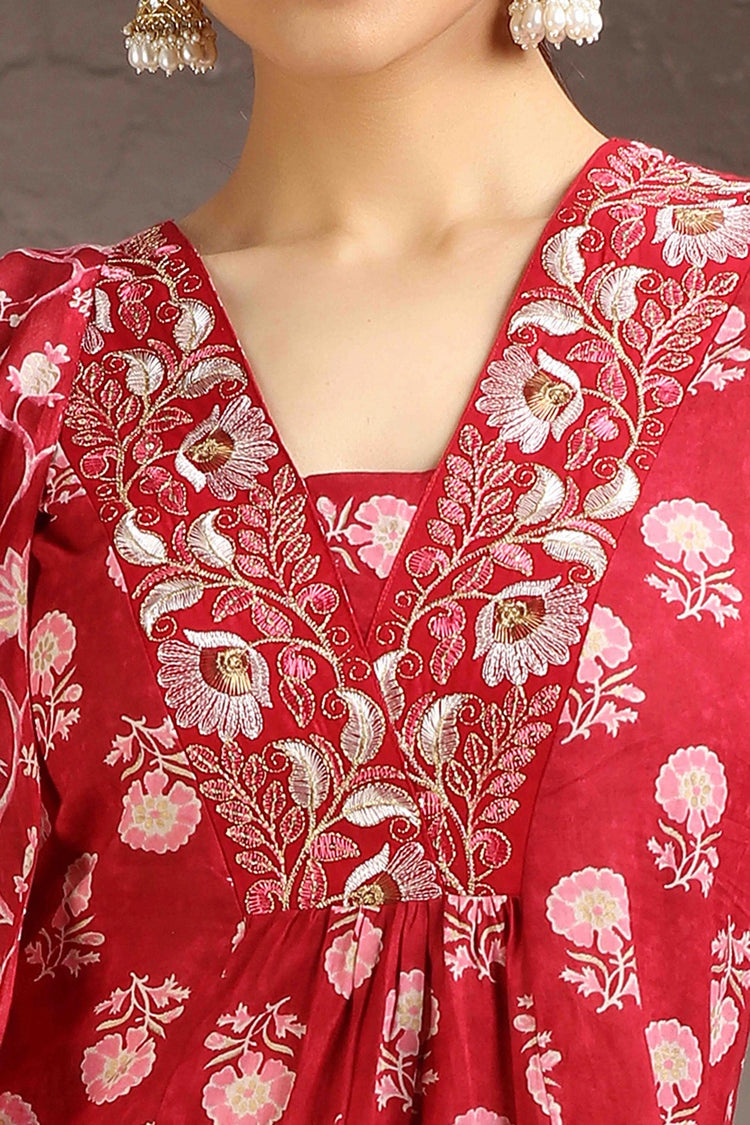 Red Cotton A Line Embroidered Kurta Pant and Dupatta Set for women and girls