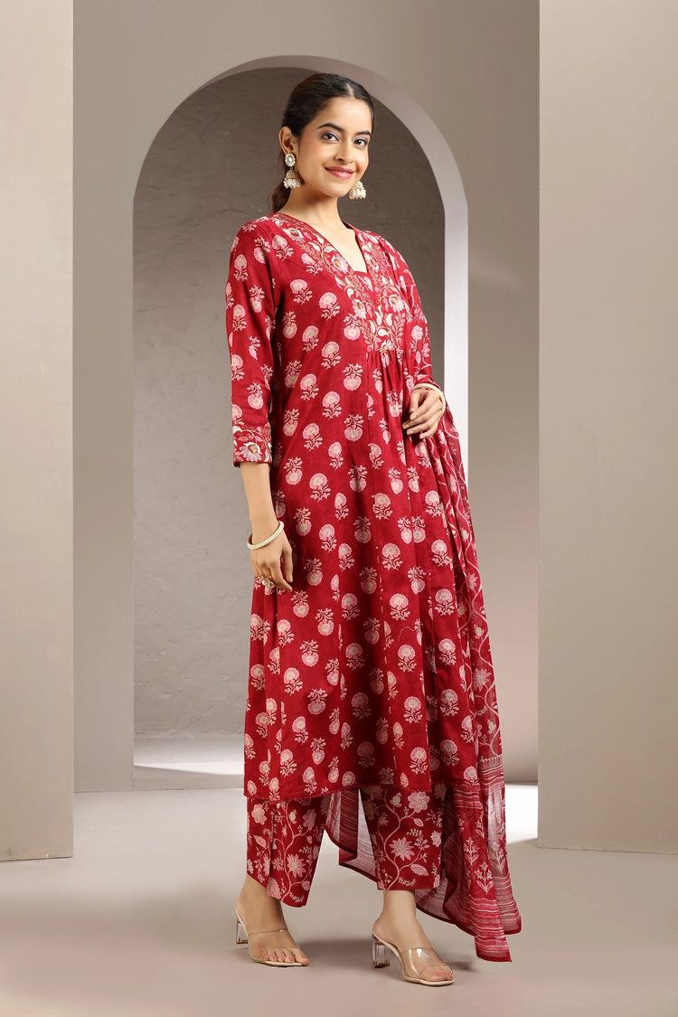 Red Cotton A Line Embroidered Kurta Pant and Dupatta Set for women and girls
