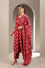 Red Cotton A Line Embroidered Kurta Pant and Dupatta Set for women and girls