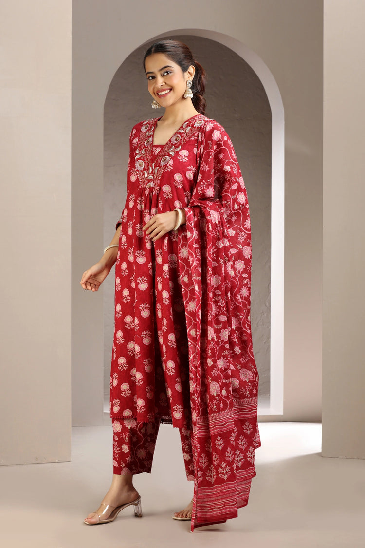 Red Cotton A Line Embroidered Kurta Pant and Dupatta Set for women and girls