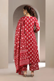 Red Cotton A Line Embroidered Kurta Pant and Dupatta Set for women and girls