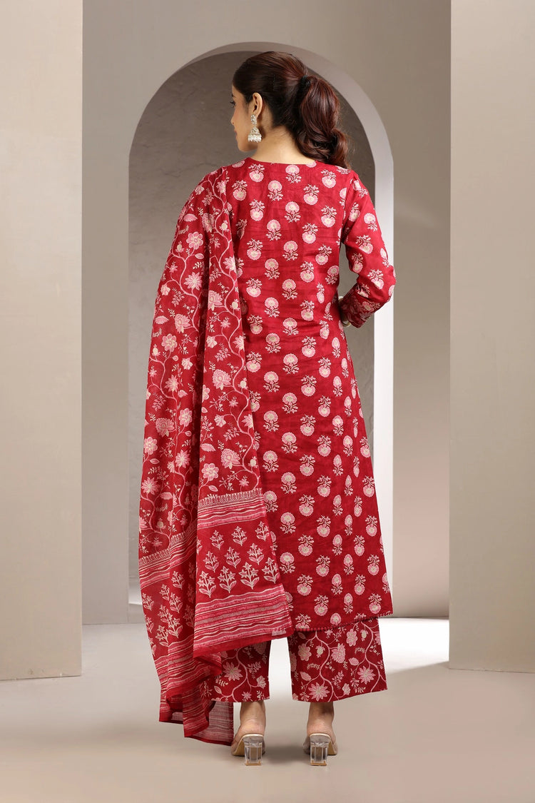 Red Cotton A Line Embroidered Kurta Pant and Dupatta Set for women and girls