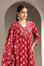 Red Cotton A Line Embroidered Kurta Pant and Dupatta Set for women and girls