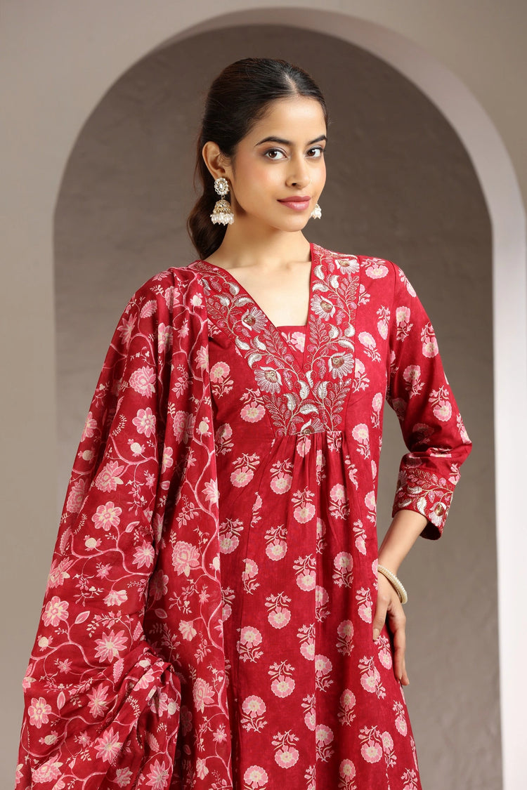Red Cotton A Line Embroidered Kurta Pant and Dupatta Set for women and girls