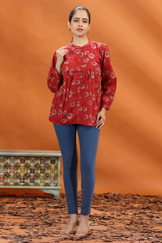 Red Cotton Printed Flared Short Kurta and kurtis for women and girls