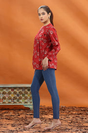 Red Cotton Printed Flared Short Kurta and kurtis for women and girls