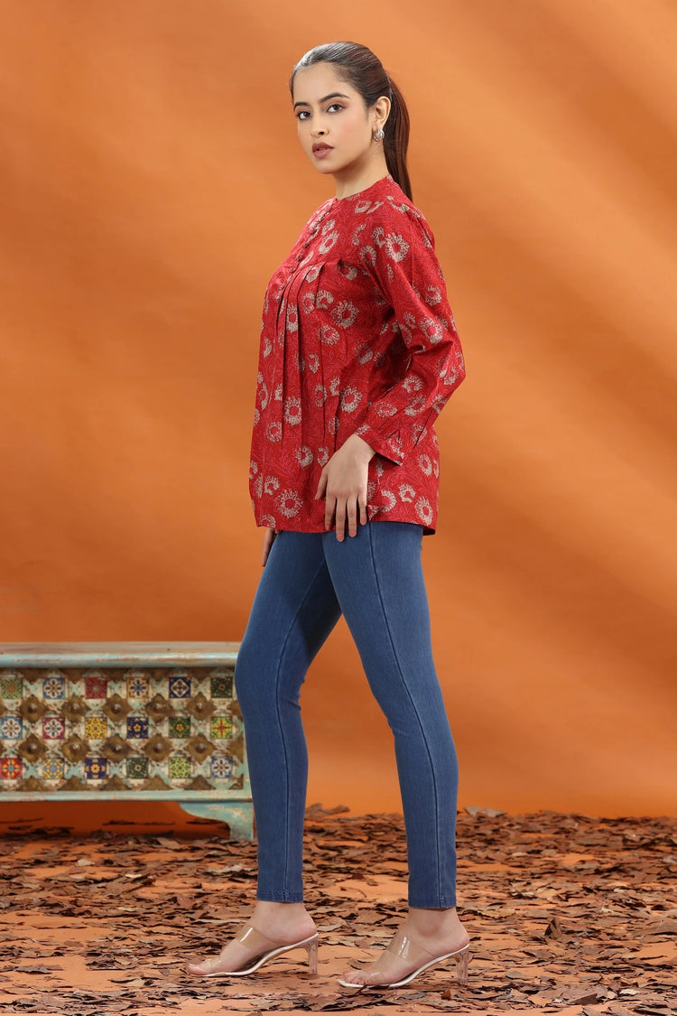Red Cotton Printed Flared Short Kurta and kurtis for women and girls