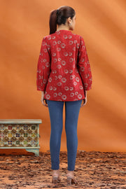 Red Cotton Printed Flared Short Kurta and kurtis for women and girls