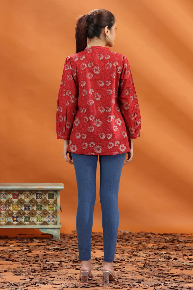 Red Cotton Printed Flared Short Kurta and kurtis for women and girls